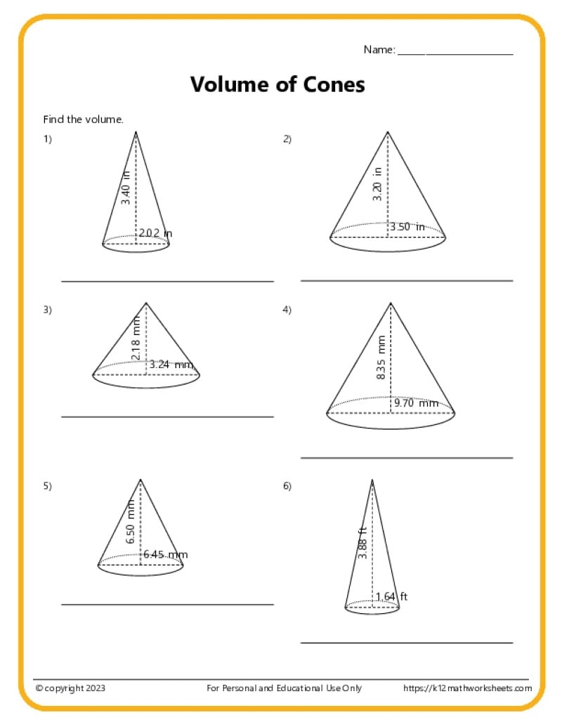 Volume And Surface Area Of Cones K12 Math Worksheets Volume And Surface Area Of Cones K12 Math Worksheets