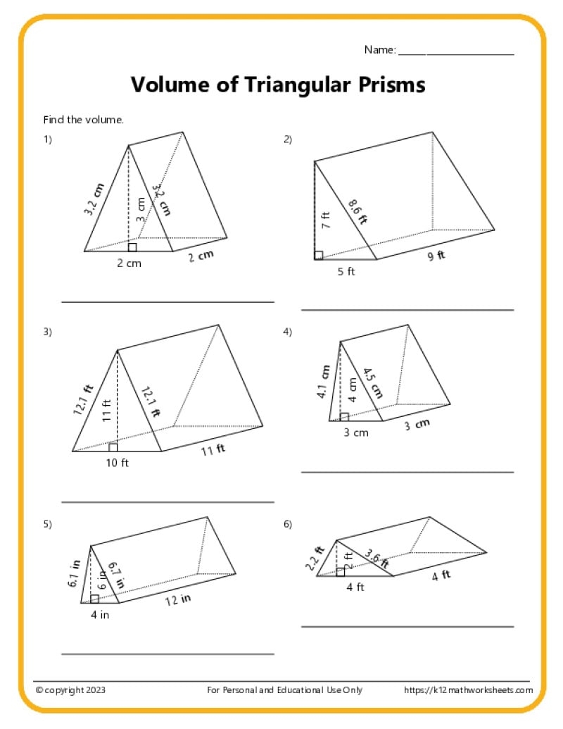 Volume And Surface Area Of Triangular Prisms K12 Math Worksheets