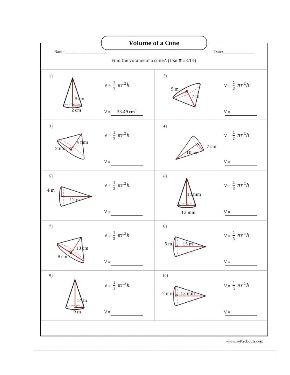 volume of a cone worksheet volume of a cone worksheet
