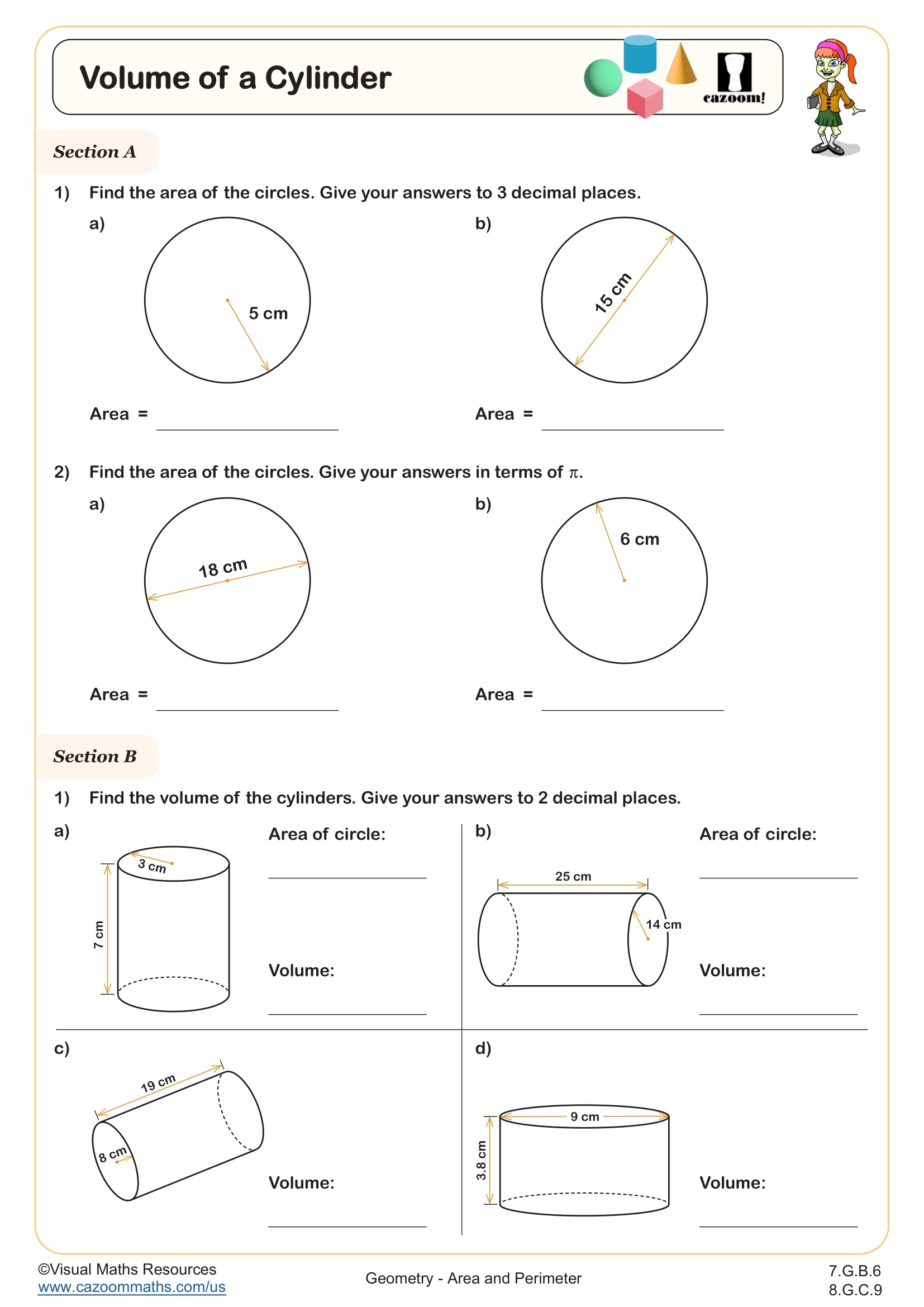 Volume Of A Cylinder Worksheet Fun And Engaging 7th Grade And 8th Grade Geometry Worksheet Cazoom Math