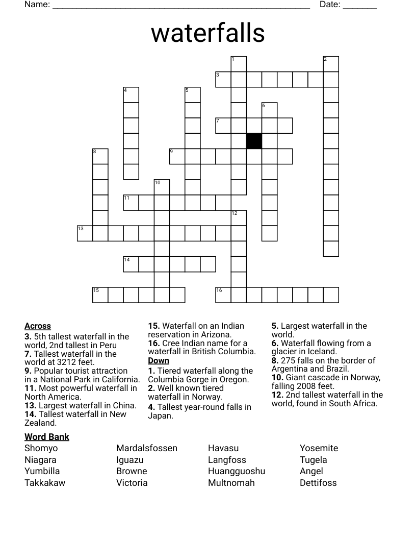 Waterfalls Crossword WordMint