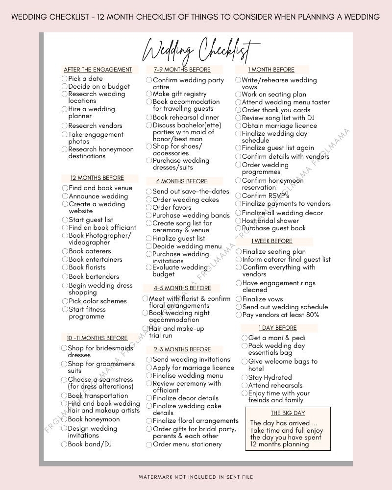 Wedding Plan Checklist 12 Month Planner A4 A5 Letter PDF Digital Download Etsy