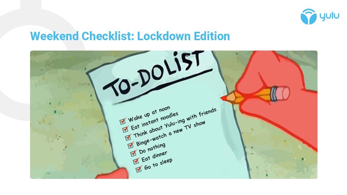 Weekends Without Yulu Are Just Weekends Spent Thinking About Yulu LockdownThoughts Yulu Yulubike meme spongebobmemes spongebobfunny spongebobs todolist weekend weekendtodo lockdown lockdownedition MissYuluing memes creativespot Weekends Without Yulu Are Just Weekends Spent Thinking About Yulu LockdownThoughts Yulu Yulubike meme spongebobmemes spongebobfunny spongebobs todolist weekend weekendtodo lockdown lockdownedition MissYuluing memes creativespot