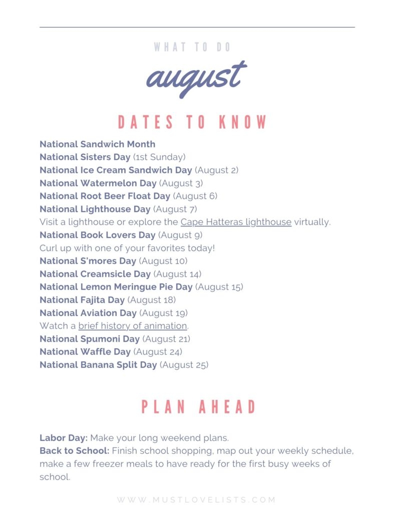 What To Do In August Must Love Lists