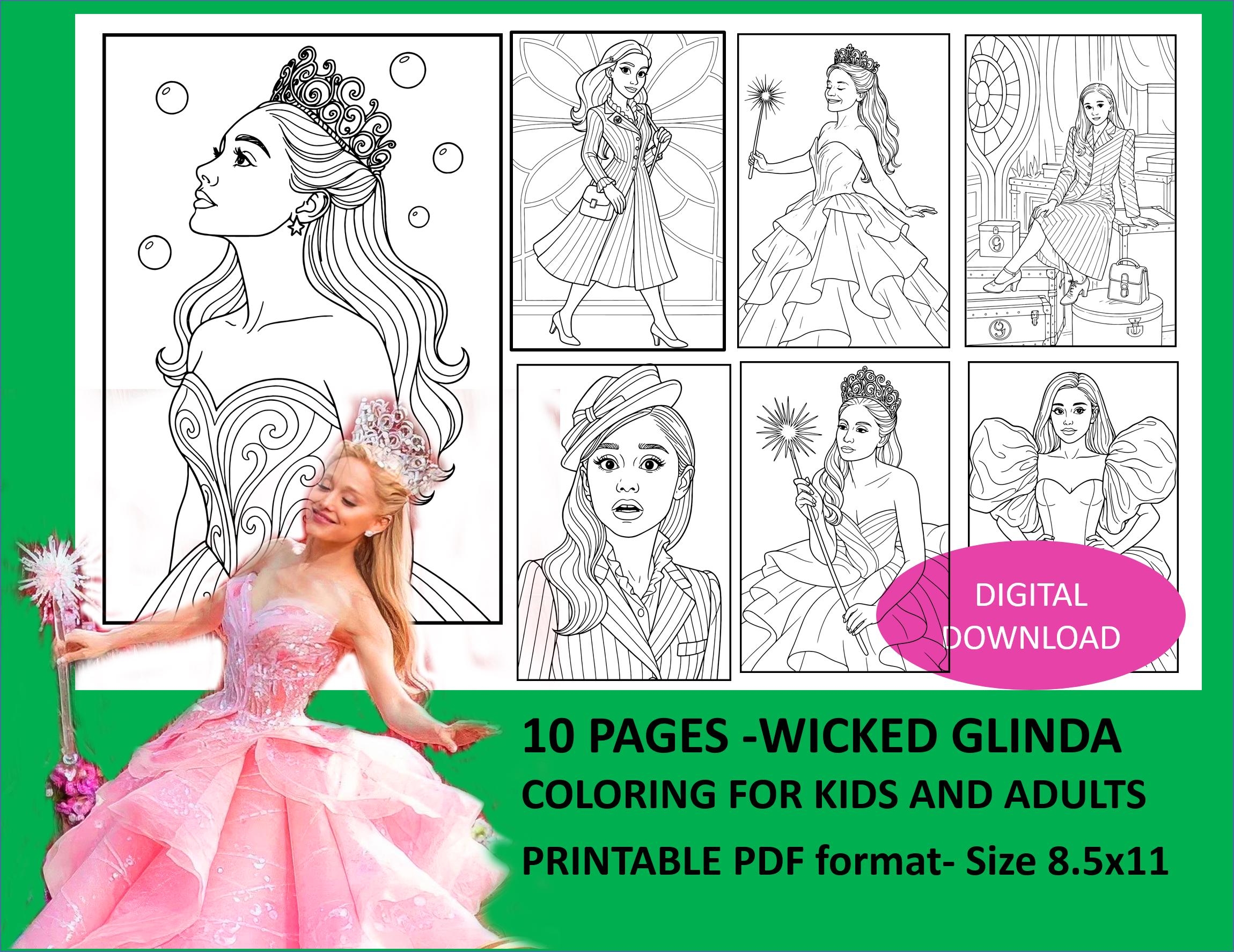 Wicked Glinda Coloring Book Pages Ariana Fan Art PDF Downloadable Etsy