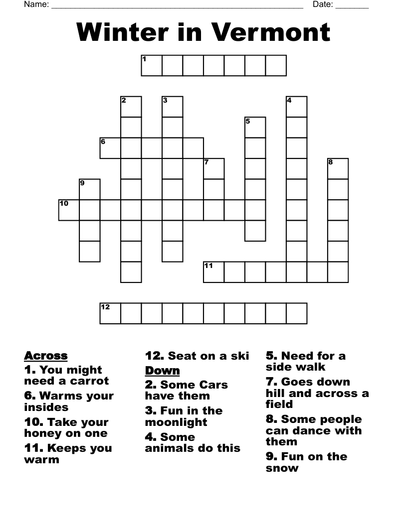 Winter In Vermont Crossword WordMint