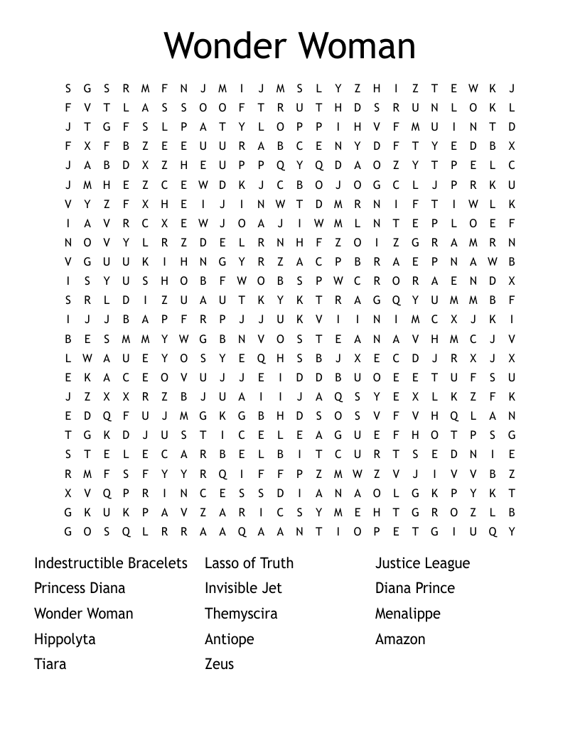 Wonder Woman Word Search WordMint