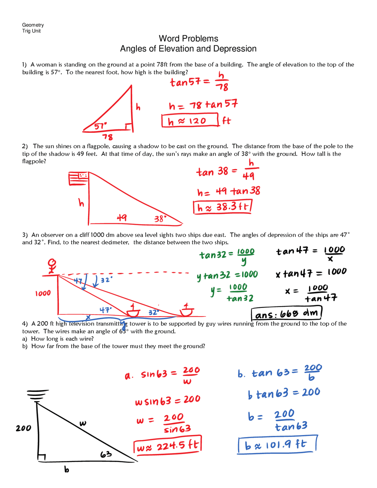 angle of elevation and depression worksheet angle of elevation and depression worksheet