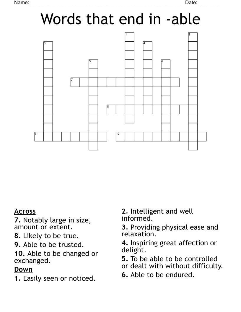 Words That End In able Crossword WordMint