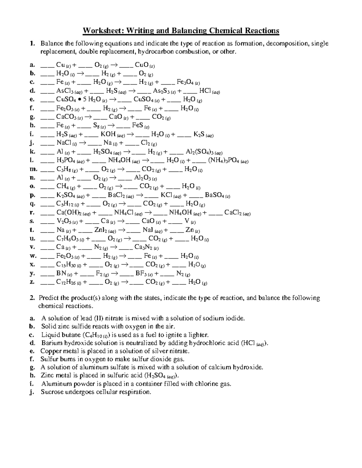 balancing of chemical equations worksheet