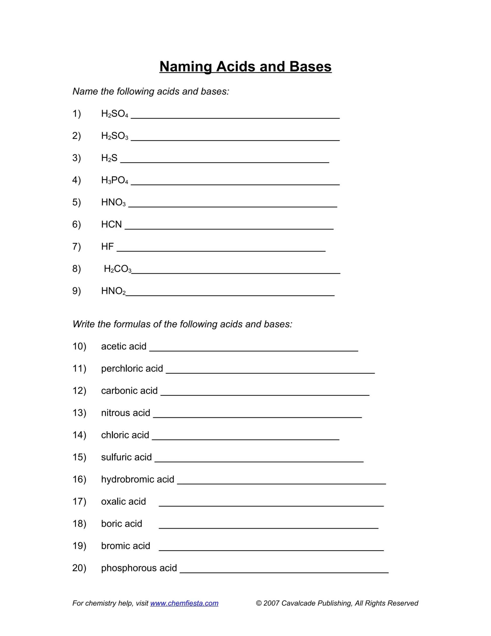 Worksheet Naming Acids And Bases DOC