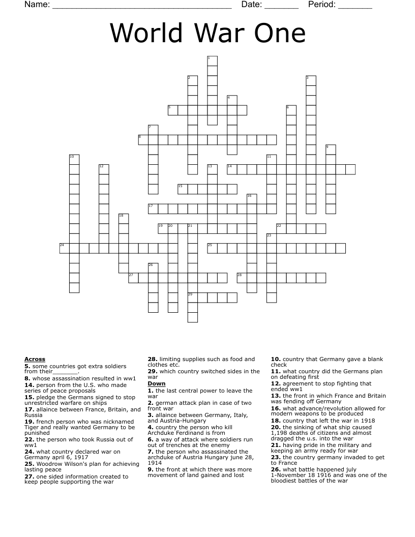 World War One Crossword WordMint