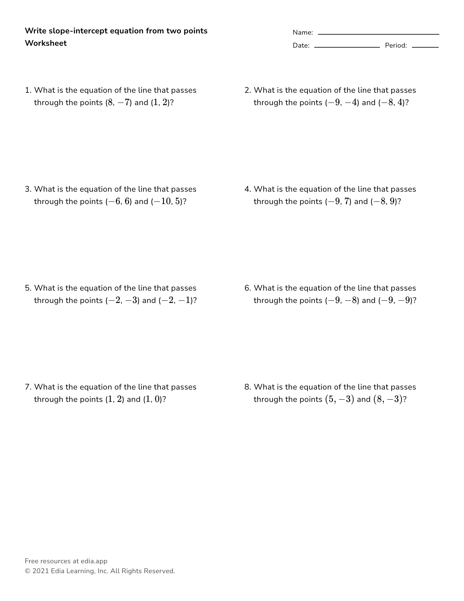 Write Slope intercept Equation From Two Points Worksheet