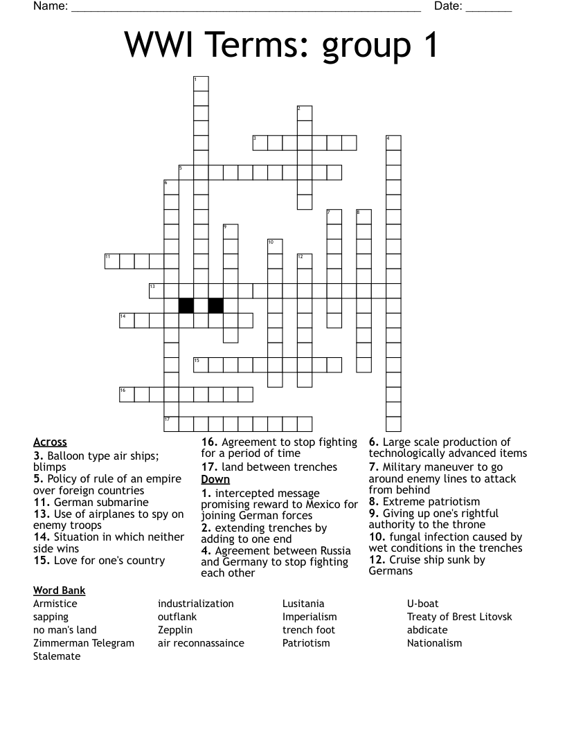 WWI Terms Group 1 Crossword WordMint